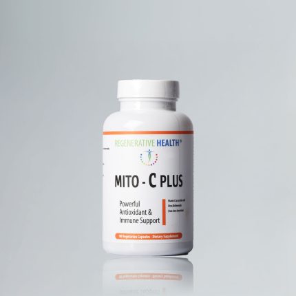 A professional product photograph of a white bottle of Regenerative Health's Mito-C Plus supplements, which provides antioxidant and immune support.