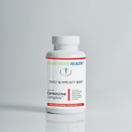 A professional product photograph of a white bottle of Regenerative Health's Carnosine Complex supplements, which provides an energy and immunity boost. The bottle is shown on a clean white background.