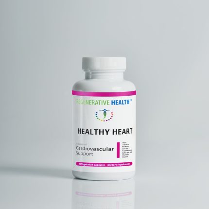 A professional product photograph of a white bottle of Regenerative Health's Healthy Heart supplements, which provides advanced cardiovascular support. The bottle is shown on a clean white background.