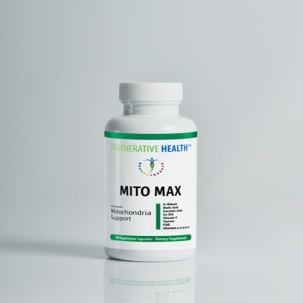A professional product photograph of a white bottle of Regenerative Health's Mito Max supplements, which provides advanced mitochondrial support. The bottle is shown on a clean white background.