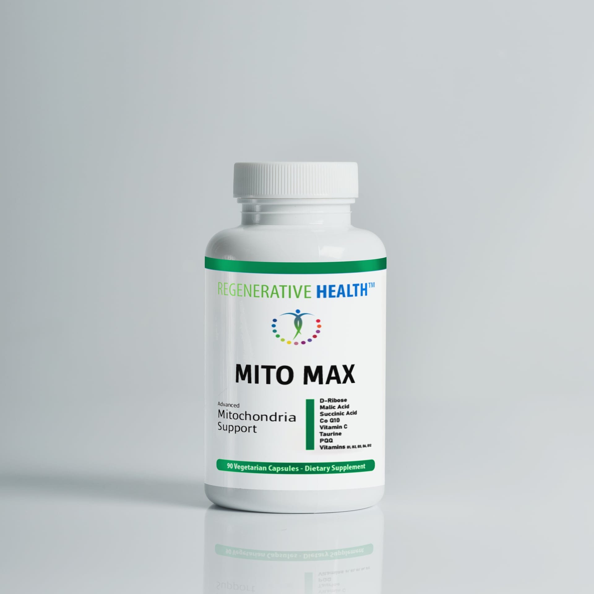 A professional product photograph of a white bottle of Regenerative Health's Mito Max supplements, which provides advanced mitochondrial support. The bottle is shown on a clean white background.